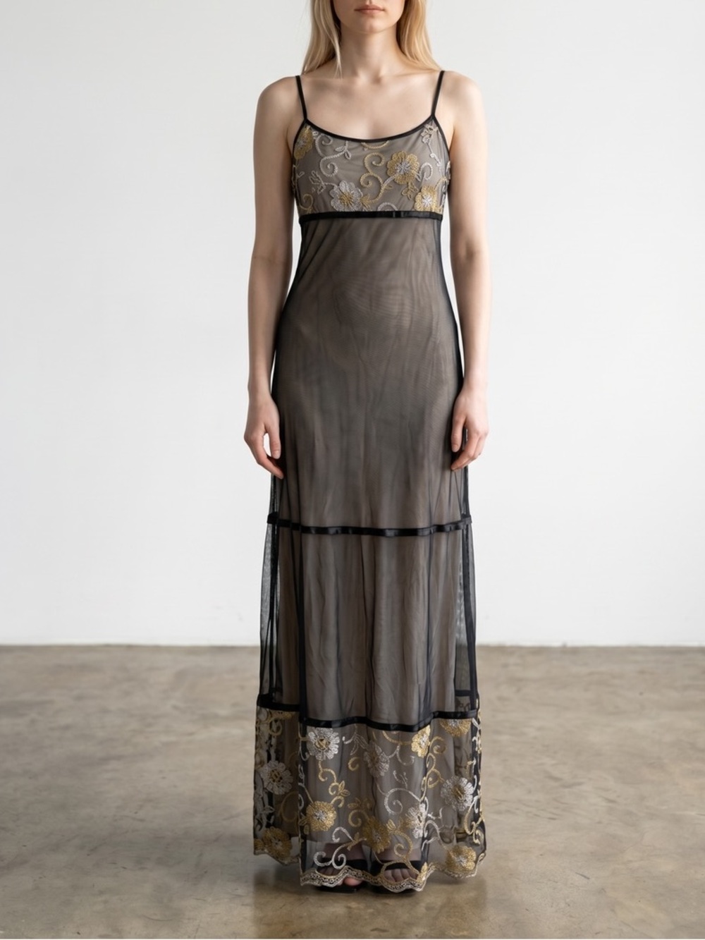 Sue Wong Black and Gold Floral Gown